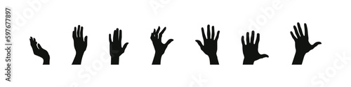 Hand gesture black vector isolated set. Raised hands different gestures. Human palm flat pose collection. 
