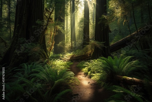 Morning Sunrise at Redwood National Park with Largest Trees   California  Stunning Scenic Landscape Wallpaper  Generative AI