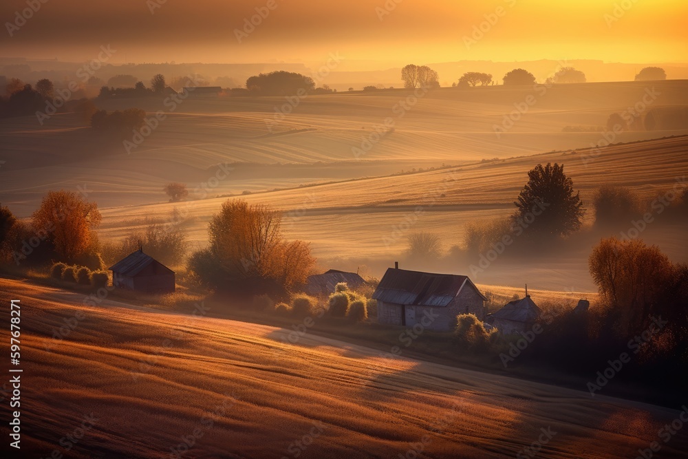 Sunrise Over Ukrainian Farm Land in Autumn, Stunning Scenic Landscape Wallpaper, Generative AI