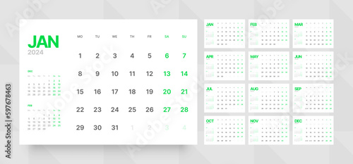 Monthly calendar template for 2024 year. Wall calendar grid in a minimalist style. Week Starts on Monday. Planner for 2024 year.