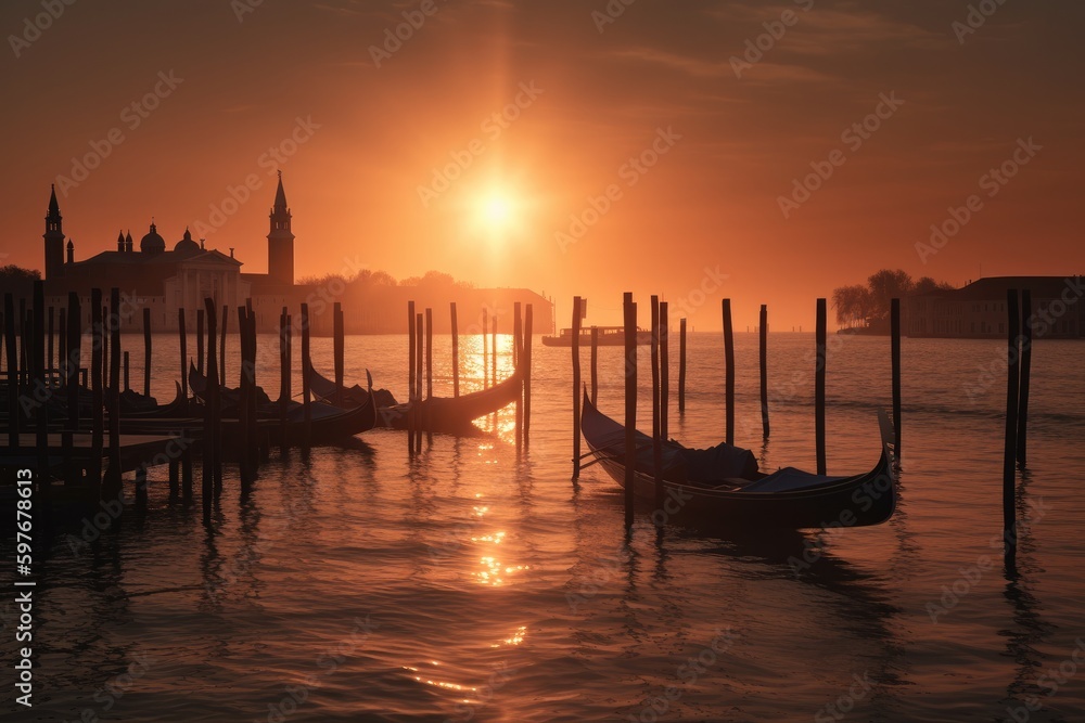 Venice Italy Gondolas at Sunset, European Stunning Scenic Landscape Wallpaper, Generative AI
