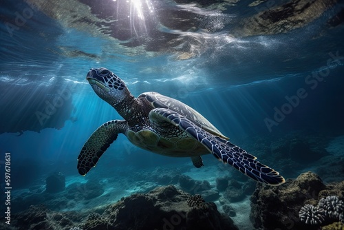 Sea Turtle Underwater Ocean View by a Scuba Diver Snorkeling, Tourism Travel, Stunning Scenic Seascape Wallpaper, Generative AI  © Distinctive Images