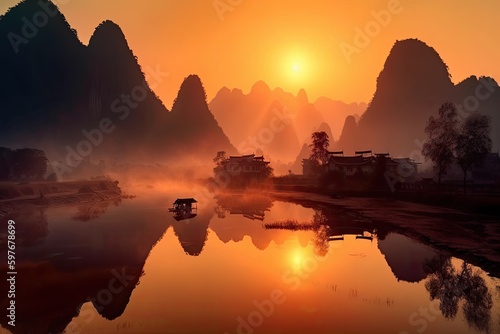 Guangxi Province China, Chinese Fishermen Boat, Li, River, Sunset, Stunning Scenic Landscape Wallpaper, Generative AI