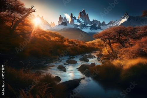 Patagonia Mountain Range, Argentina, Chile in South America in Autumn, Stunning Scenic Landscape Wallpaper, Generative AI © Distinctive Images