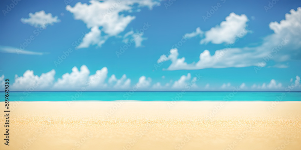 Beautiful beach with white sand, turquoise ocean water and blue sky with clouds in sunny day. Natural background for summer vacation. Beach background for summer travel with sand beach. Generative AI