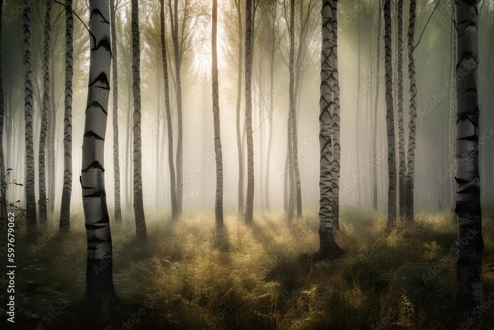 Fototapeta premium Aspen Tree Forest Morning Sunrise, Sunbeams through morning fog and mist, Scenic Landscape Wallpaper, Generative AI