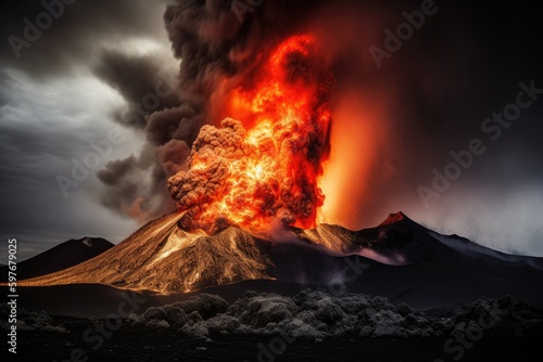 Volcanic Mountain Eruption with Lava, Ash, and Fire Exploding in to the Sky, Stunning Volcano Scenic Landscape Wallpaper, Generative AI