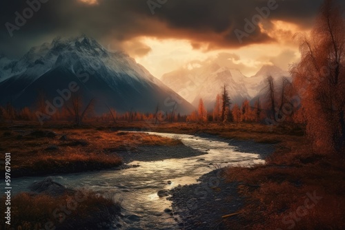 Autumn Sunset over the Canadian Rockies with Glacier River running in the National Parks of Banff and Jasper, Stunning Scenic Landscape Wallpaper, Generative AI
