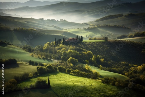 Tuscany Belvedere Farm House with Rolling Hills and Tuscan Green Grass Fields in Italy, Stunning Italian Scenic Landscape Wallpaper, Generative AI