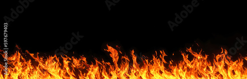 Fire flames on black background. Fire fiery background, red flames, sparks and waving white smoke on black background. Flaming effect with burning fire. Generative AI photo