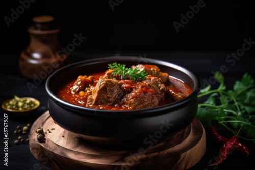 AI generated appetizing kaldereta goat meat stewed in tomato sauc in a dark green bowl