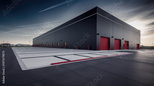 Modern black and red warehouse building with loading dock doors. Generative AI