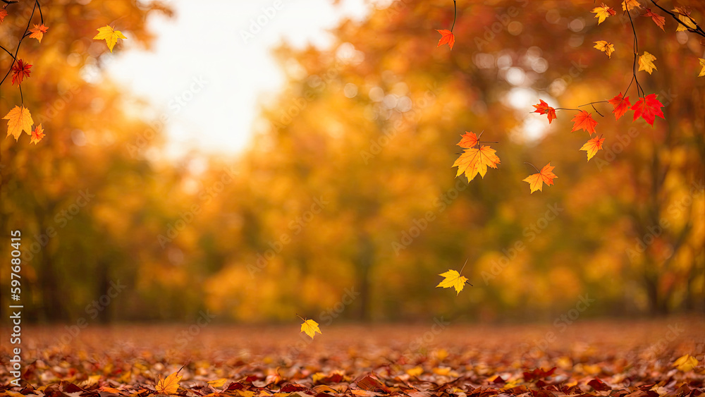 autumn background. Falling yellow leaves and park bokeh background with sun beams. Autumn landscape. autumn background with maple leaves