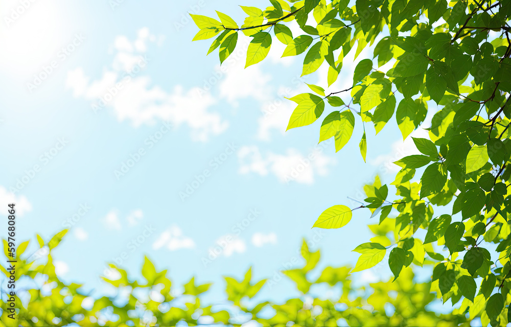 green tree leaves on blurred background. blue sky and leaf. Summer sun beam with green leaves. Natural green leaves plants using as spring background cover page environment ecology. Generative AI