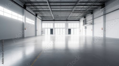 Modern warehouse building interior with loading dock doors. Generative AI