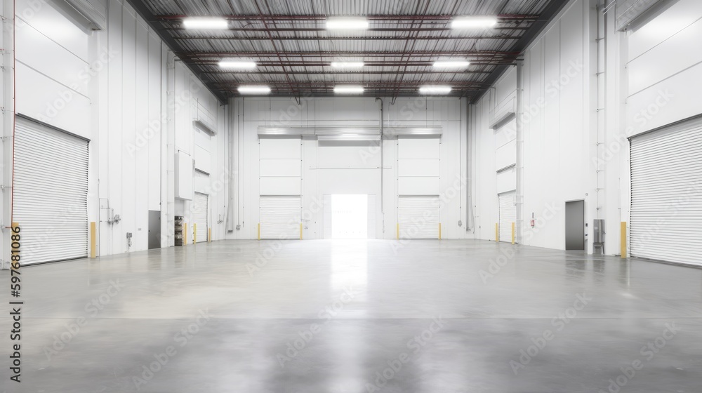 Modern warehouse building interior with loading dock doors. Generative AI Modern warehouse building interior with loading dock doors. Generative AI