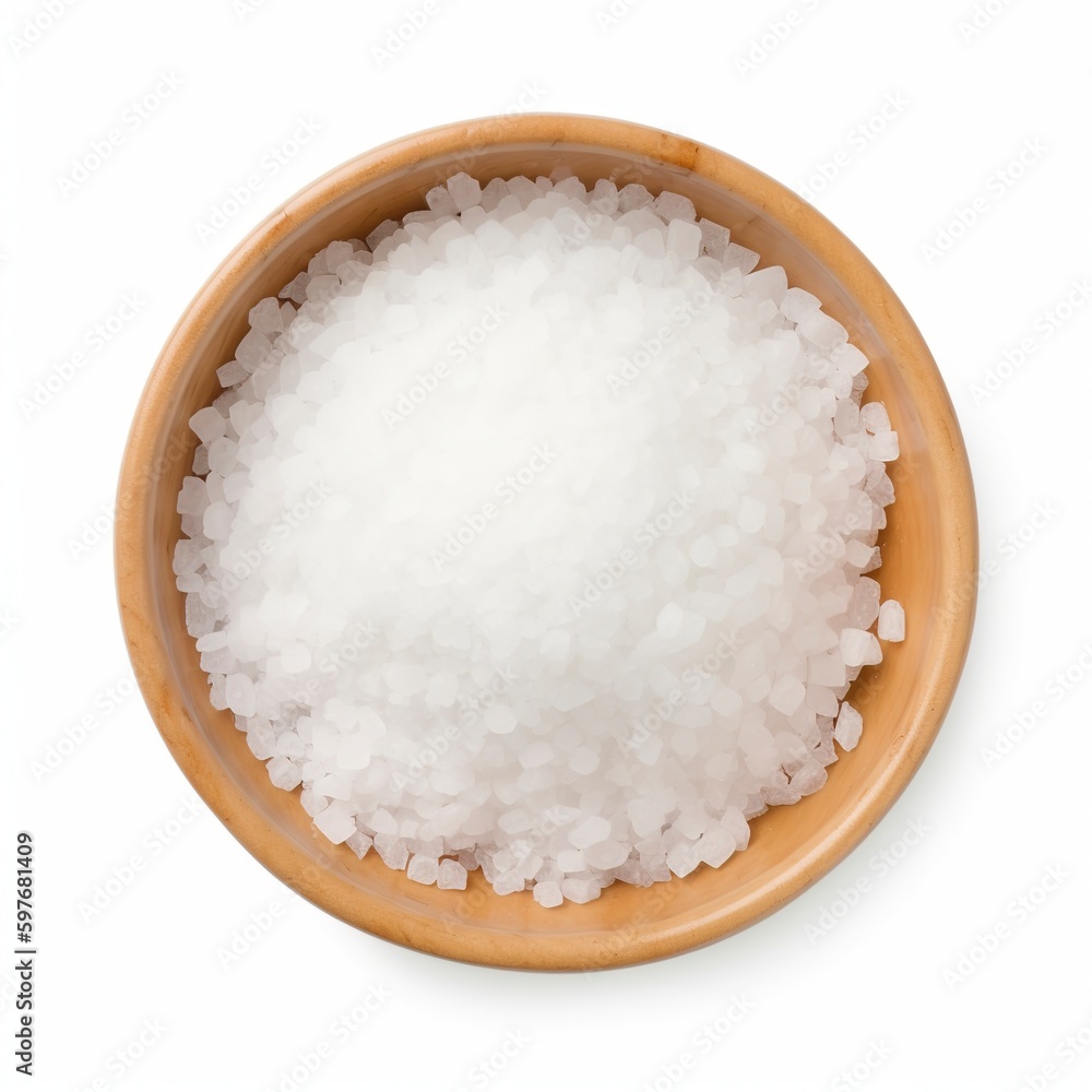 Fine sea salt in a dish of white, isolated on white. a top view, Generative AI. Fine sea salt in a dish of white, isolated on white. a top view, Generative AI.
