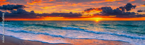 Beautiful panoramic sunset tropical paradise beach. Tropical sunset beach seaside palm calm sea panorama exotic nature view inspirational seascape scenic. Generative AI