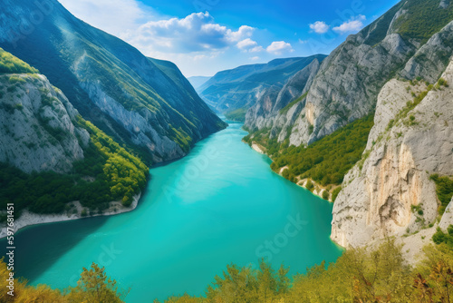 Aerial photography of a lake in a canyon.