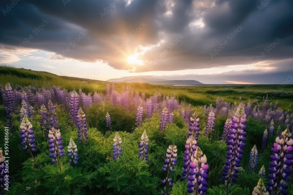 Fototapeta premium Typical Icelandic landscape with field of blooming lupine flowers