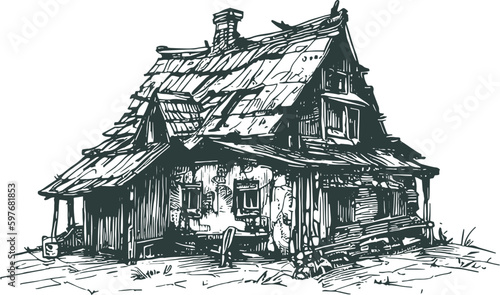 old dilapidated house vector illustration dark on white