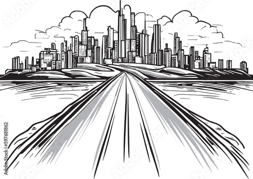 modern city on the horizon and the road going to it vector drawing