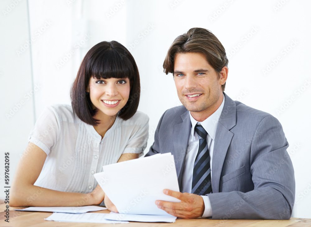 Teamwork, smile and portrait of business people in office for planning, meeting and project management. Happy, collaboration and documents with man and woman for strategy, brainstorming and solution