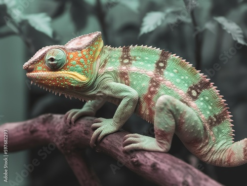 green chameleon perched on a branch in a light-themed zoo. AI generating. 