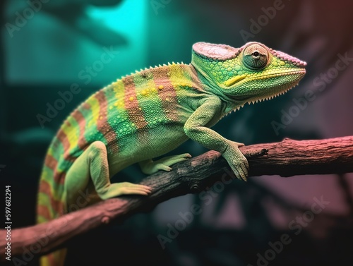 Green chameleon on a branch in a zoo in the style of light. Generative AI.