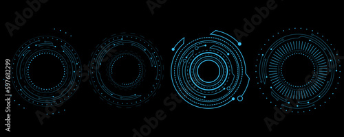 Set of sci-fi HUD rounds isolated on black background. Futuristic hi-tech elements for UI or GUI design. Vector illustration