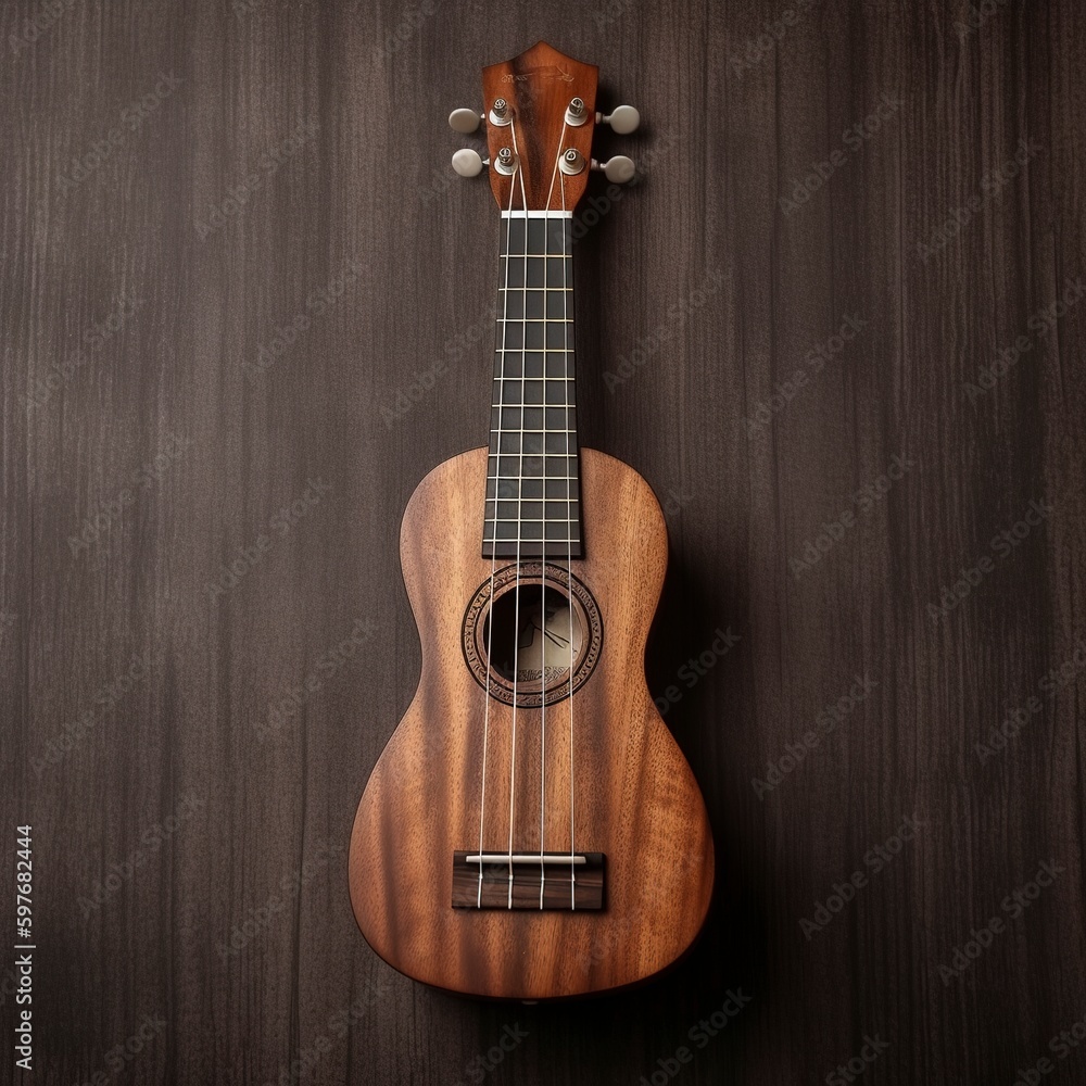 Obraz premium Hawaiian ukulele on a background made of brown wood. Generative AI.