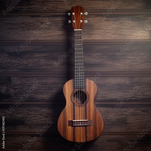 Hawaiian ukulele against a wood-like background. Generative AI.