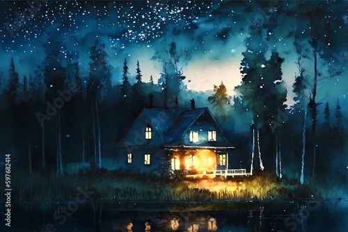 watercolor sketch. night landscape