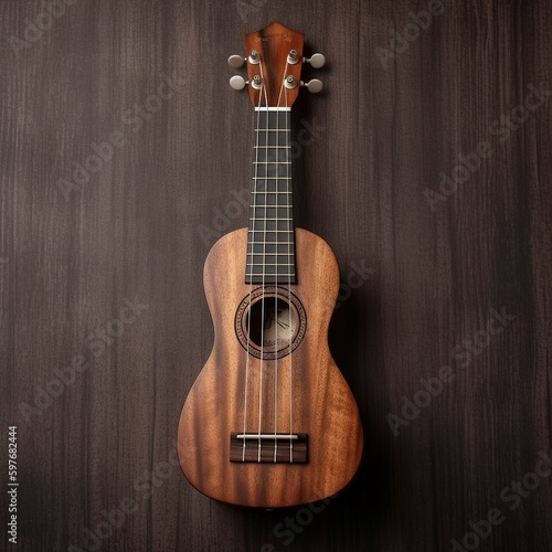 Hawaiian ukulele on a background made of brown wood. Generative AI.