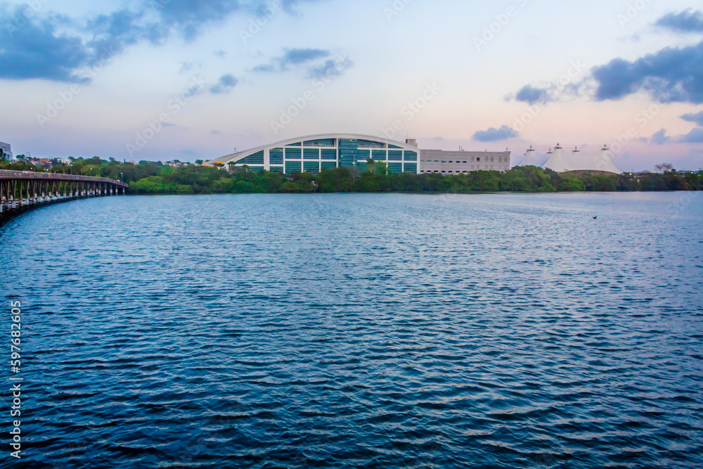 lagoon in blue hour with building in the background, carpenter´'s lagoon in tampico 