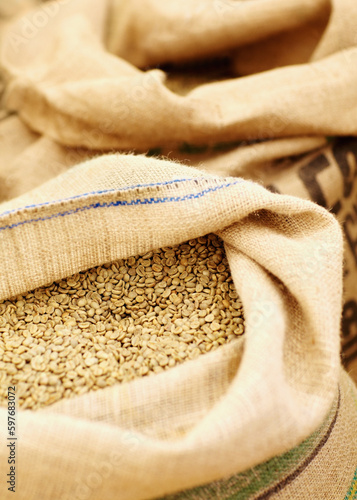 Industry, natural and coffee beans in a burlap sack for rustic storage, import or packing. Production, texture and closeup of white grains of caffeine in a cloth bag for fresh, organic or raw product