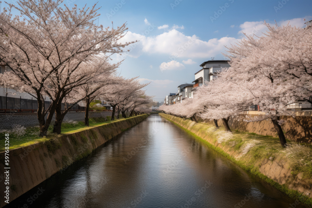 Spring in Japan the kaname river cherry blossom trees in kanagawa hadano.