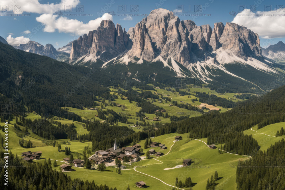 Dolomites summer landscape with villages on green grassy slopes of rugged mountains.