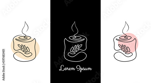 Set of minimalistic continuous line burning aroma and spa candle with stem with leaves label for the logo in various designs. Candle in one line style.