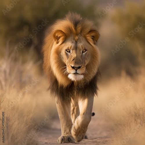 lion male walking majestically  Generative AI.