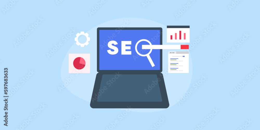 Search engine optimization - SEO text on laptop with analytics, data website information, web traffic and search ranking concept, vector illustration web banner. Search engine optimization - SEO text on laptop with analytics, data website information, web traffic and search ranking concept, vector illustration web banner.
