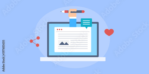 Hand holding pencil with blog post on laptop screen, content writing, social media promotion, freelance copy writing service concept, vector web banner.