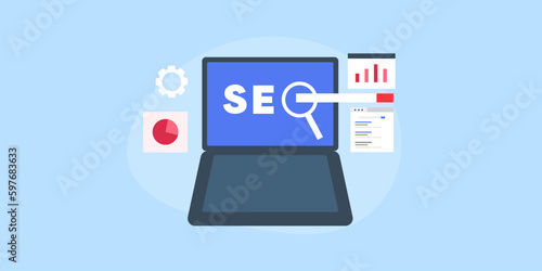 Search engine optimization - SEO text on laptop with analytics, data website information, web traffic and search ranking concept, vector illustration web banner.
