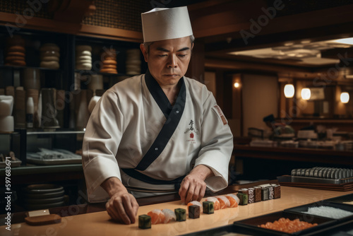 Young Japanese chef make a sushi, Japanesse food. AI Generated. photo