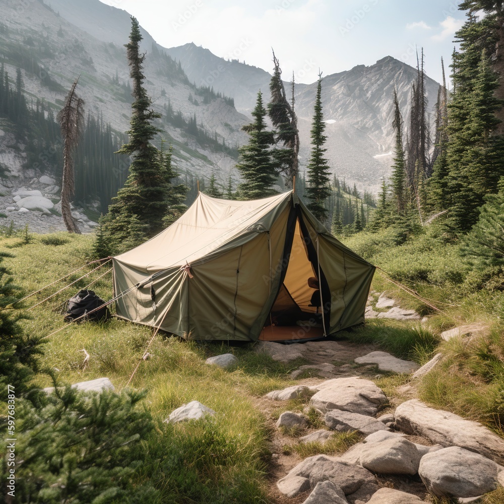A tent on a mountain, Generative AI.