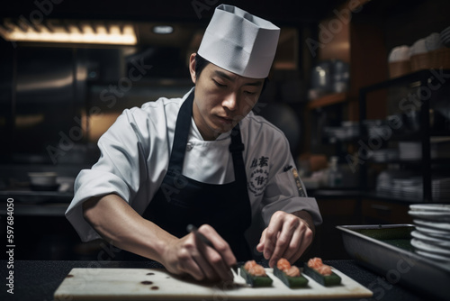 Young Japanese chef make a sushi, Japanesse food. AI Generated. photo