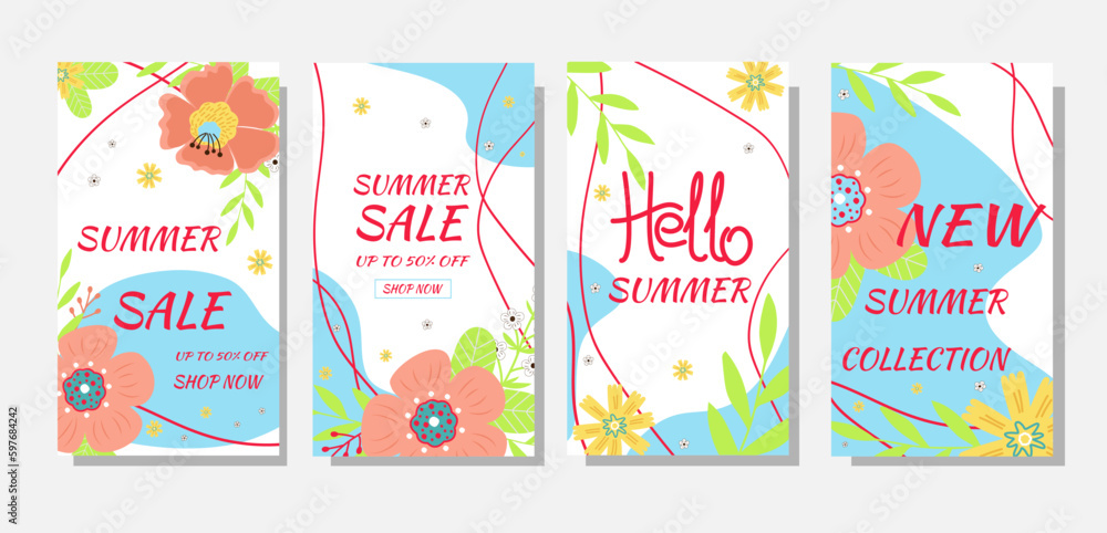 Set summer sale banners. Summer flowers and abstract shape