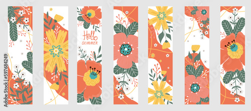 Set summer bookmarks. Hello summer. Summer flowers, leaves on white background.