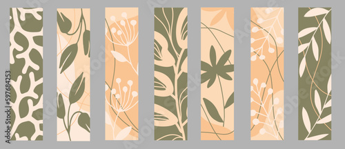 Set of vector bookmarks in vertical format. Abstract leaves, flower, branches and tropical plants.