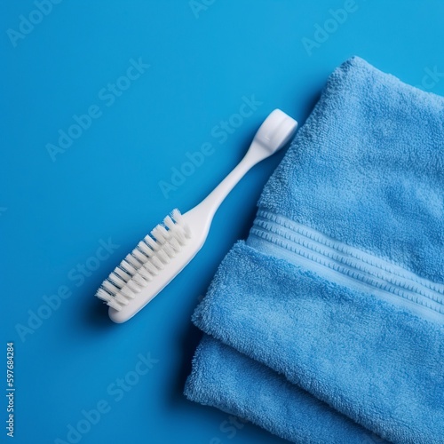 a toothbrush with paste tubes on a blue terry towel. Generative AI.